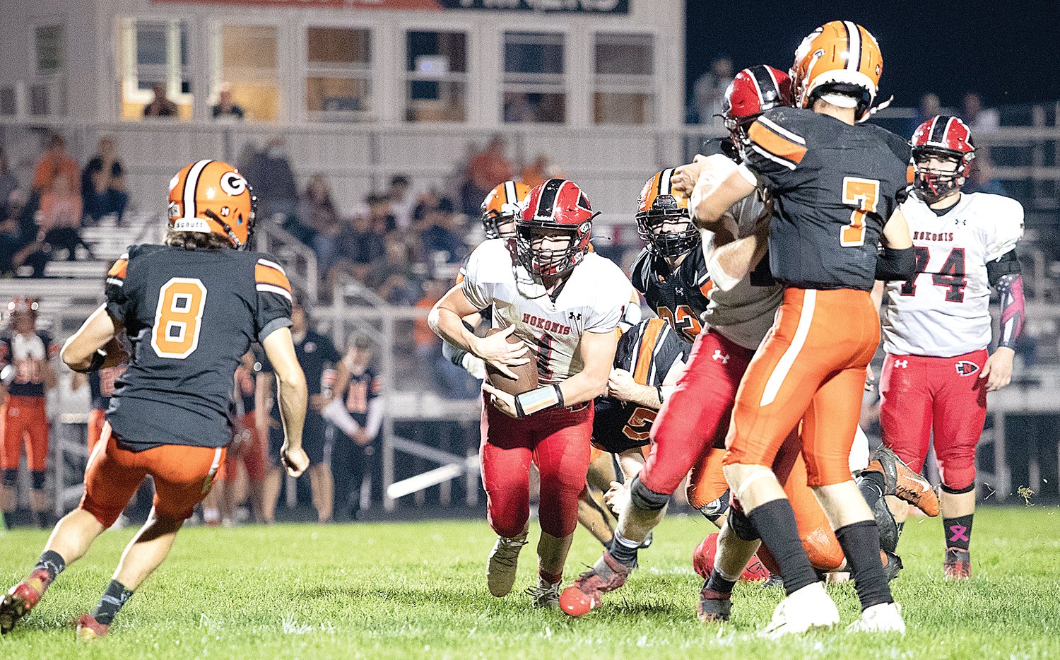 The Nokomis offensive line provided plenty of room for the Redskin backs to run, including quarterback Connor Overby, who had 47 of Nokomis 382 rushing yards in Nokomis' 35-12 win in Gillespie on Oct. 8.
