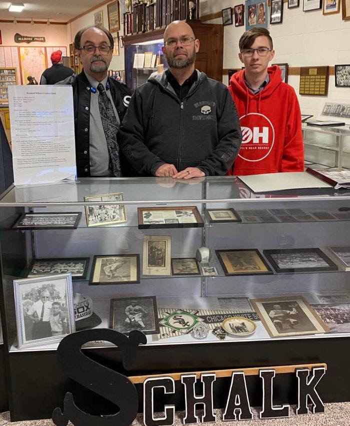 The descendants of one of the Bottomley-Ruffing-Schalk Baseball Museum’s namesakes made the trip to Nokomis for the museum’s induction day on Nov. 13. Above, from the left are Jim Schalk, Ray Schalk, Sr. and Ray Schalk, Jr., the grandson, great-grandson and great-great grandson of hall of fame catcher Ray Schalk, who was born in Harvel and grew up in Litchfield.