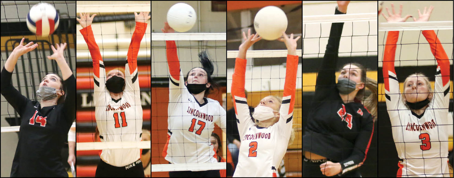Six Montgomery County volleyball players were among the 18 honored by the coaches of the MSM Conference on this year’s all-conference teams. From the left are Nokomis’ Presley Lamb, Lincolnwood’s Sidney Glick, Lincolnwood’s Hailee Belsher, Lincolnwood’s Avery Pope, Nokomis’ Audrey Sabol and Lincolnwood’s Tessa Funderburk.