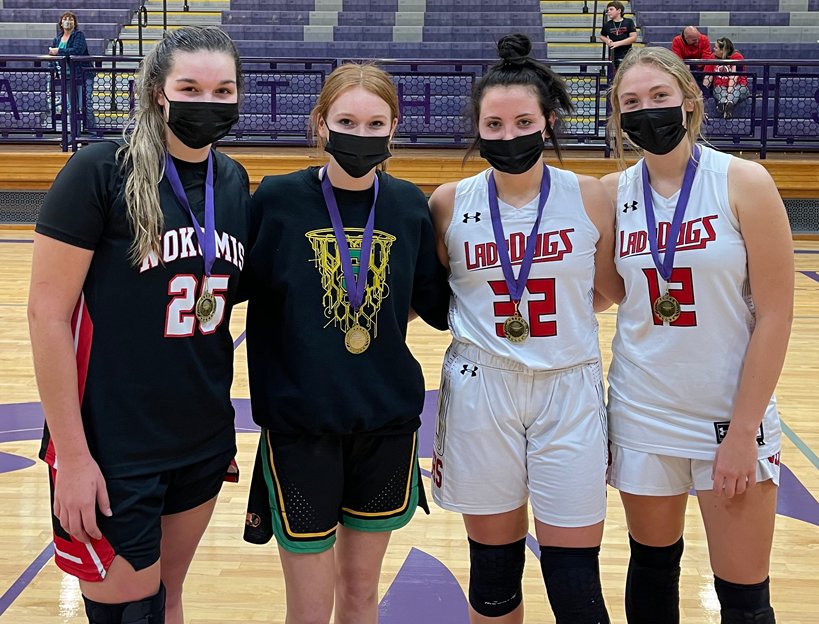 Members of this year's all-tournament team at Litchfield, from the left, are Audrey Sabol (Nokomis), Hannah Nixon (Southwestern), Savannah Billings (Staunton) and Haris Legendre (Staunton). Not pictured are Emma Meyer  and MVP Sophia Hoffman, both of team champion Carlyle.